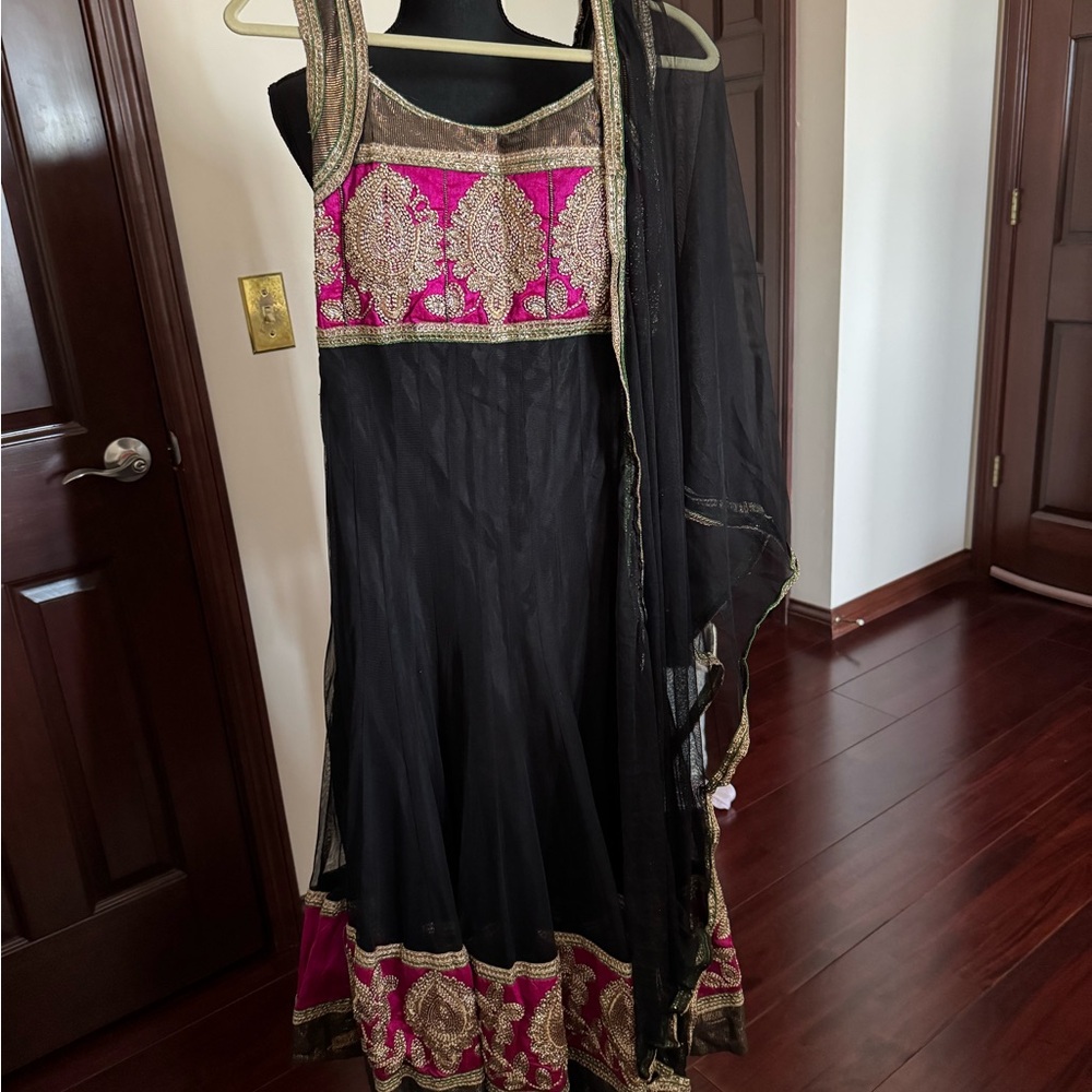 Elegant Black and Pink Embroidered Anarkali Dress